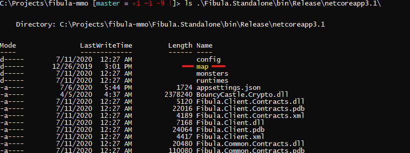 Image of Fibula.Standalone/bin/Release/netcoreapp3.1 folder with the Map folder